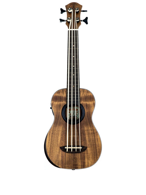 Front view of aNueNue Im Bass Koa Bass Ukulele – Taiwan 2018 showing detailed craftsmanship.