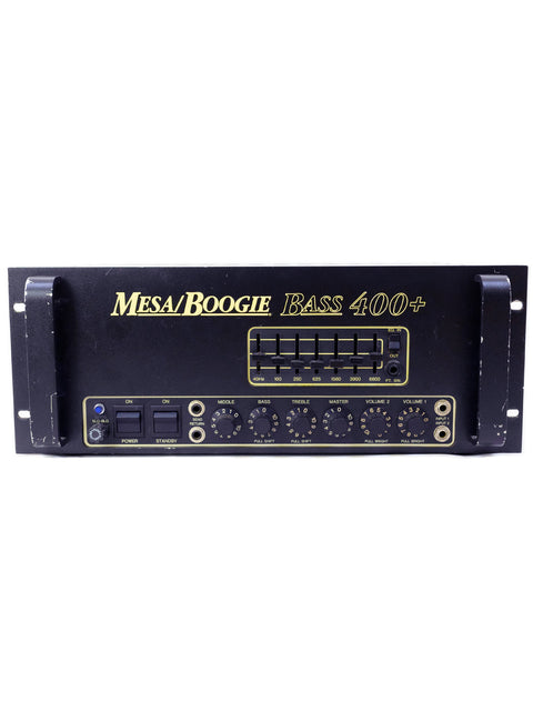 Front view of a Mesa Boogie Bass 400+ amplifier head, featuring the bold text "bass 400" prominently displayed.