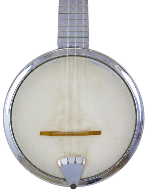 Front view of a banjo against a white background.