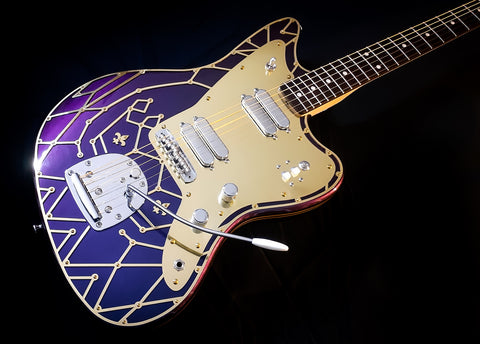 Gorgeous purple and gold guitar with a distinctive design, named Zachary & Mercer Mastermind “Royal” Offset – Aust 2021.