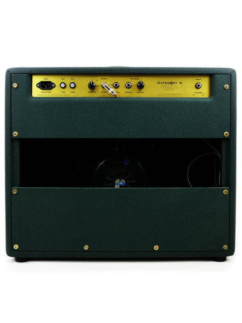 Green guitar amplifier featuring gold trim, representing the Category 5 Ivan Combo Amplifier, made in the USA in 2012.