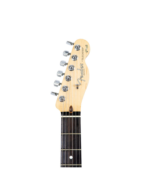 Headstock and neck of a Fender Telecaster guitar isolated on a white background.