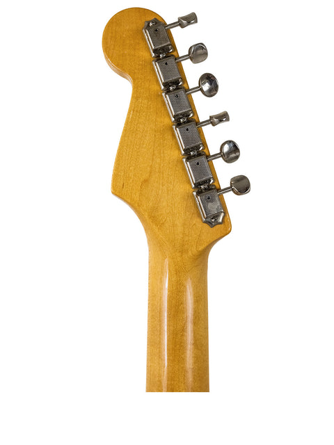 Headstock of a guitar with tuning pegs on a white background.