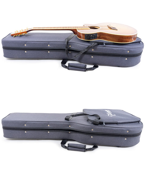 Image displays two perspectives of a Takamine TSP138C TB guitar and its case, highlighting the 2020 Japan model.
