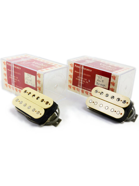 Image of two Voodoo Humbucker pickups by Peter Florance, '59/'57 Pair, still in original packaging from 2005, USA.