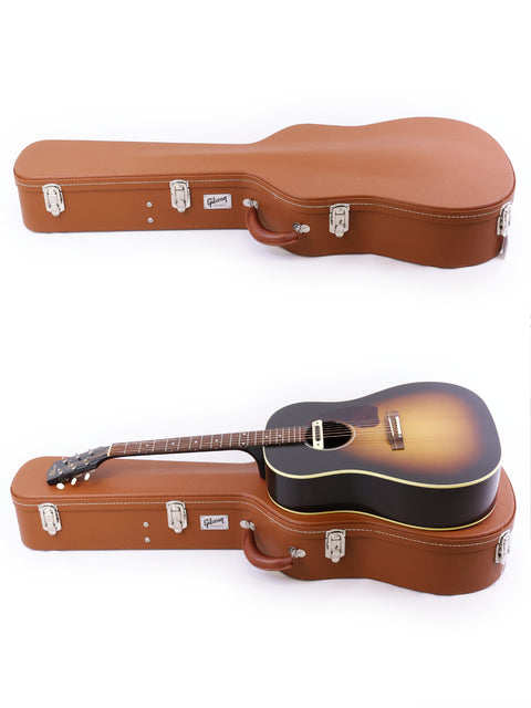 Image shows two guitars in different orientations, highlighting a 2012 Gibson J-45 True Vintage from the USA.