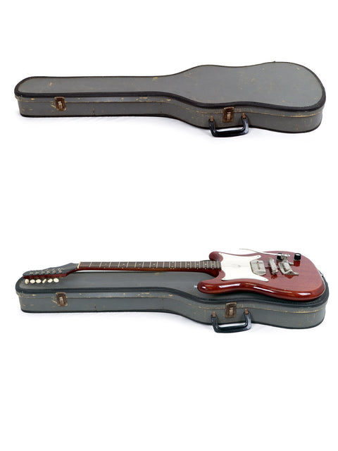 Inside a case, a red Epiphone Coronet and a black guitar sit side by side, representing timeless musical craftsmanship.
