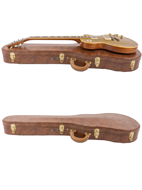 Inside a case, two guitars gleam with a gold finish, prominently featuring a 2019 Gibson Custom Shop Les Paul Goldtop Reissue.