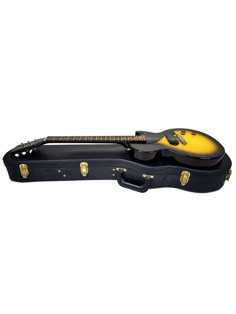 Inside a guitar case, a striking yellow Gibson Custom Shop '57 Les Paul Junior Reissue VOS from 2007 is showcased.