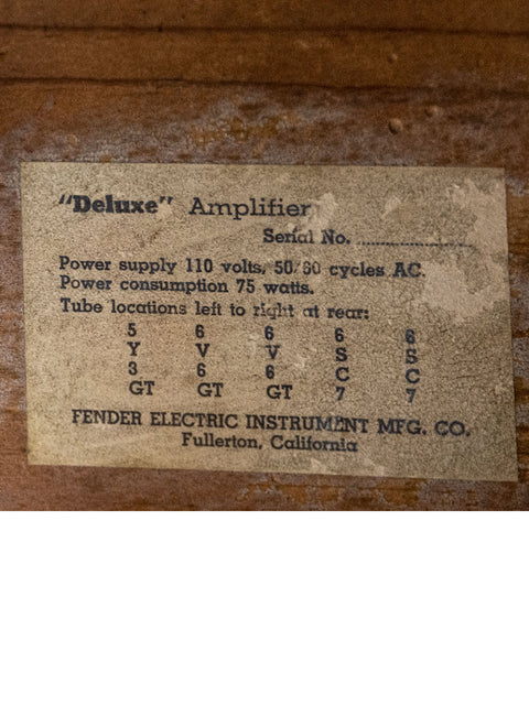 Label of a 1952 Fender Tweed 5B3 Deluxe amplifier, featuring classic typography and a nostalgic design.