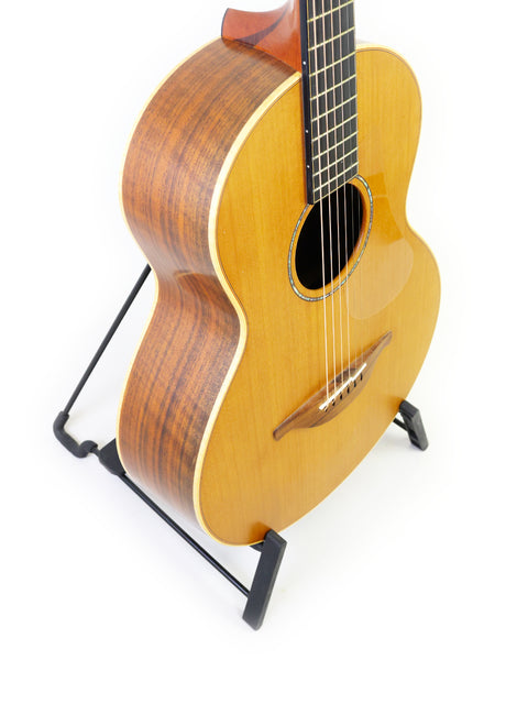 Lowden S-35 1 of 1 Prototype acoustic guitar displayed on a stand, crafted in Ireland, 2018.