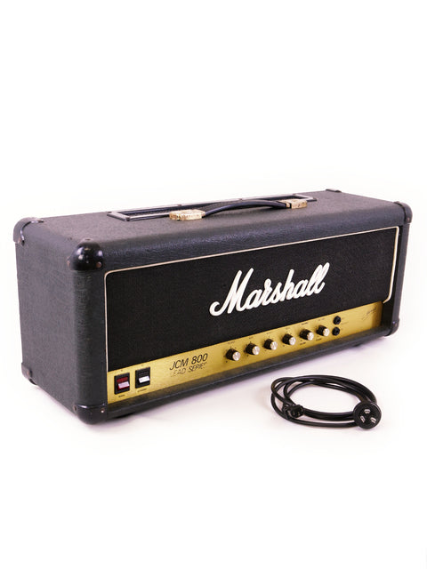 Marshall JCM800 2204 amp head in black and gold, a vintage 100W tube head from the UK, made in 1982.