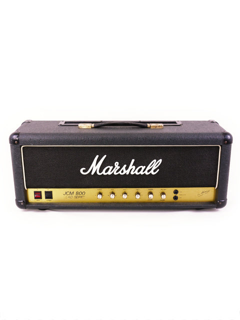 Marshall JCM800 2204 tube amp head with gold trim and black finish, a classic UK model from 1982.