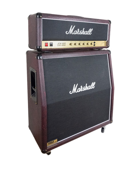 Marshall JCM 800 2203 amp with 1960A cab in burgundy snakeskin, set on a clean white background.