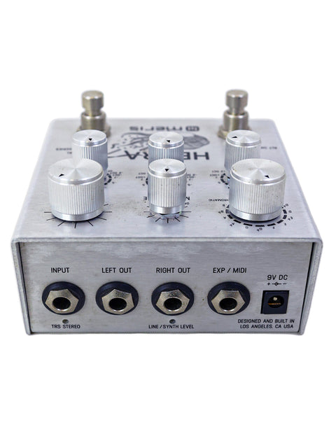 Multi-effect pedal with four knobs, featuring the Meris Hedra 3-Voice Rhythmic Pitch Shifter from the USA.