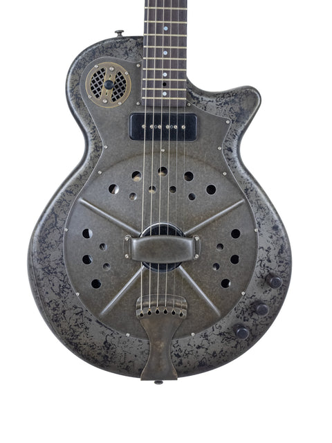 National Reso-Phonic Polychrome Tricone Resonator guitar with a sleek metal body and striking black headstock, USA 2009.