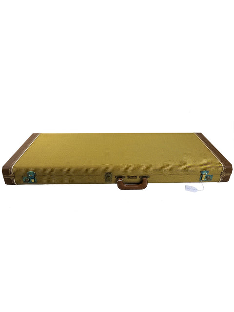 Olive green guitar case with brown trim and silver locks on a white background.