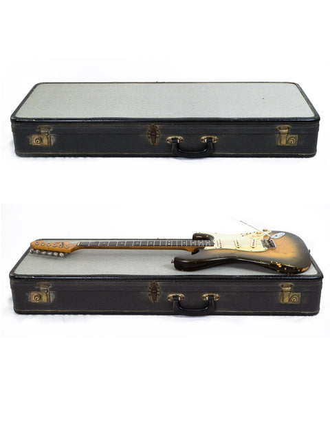 On a white background, two guitars in a case highlight a vintage 1963 USA L Series Stratocaster Refin.