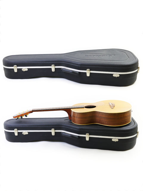 On a white background, two guitars in a case highlight the Lowden S-35 1 of 1 Prototype crafted in Ireland, 2018.
