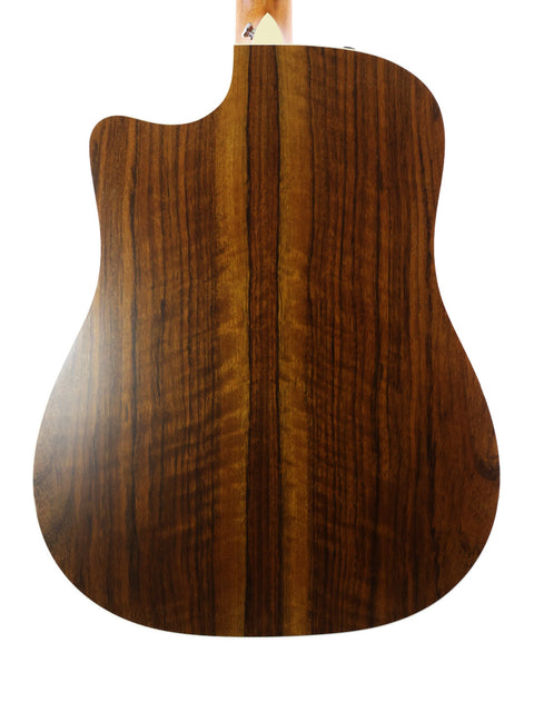 Rear view of a 2011 Taylor 410CE acoustic guitar, featuring a stunning wooden back, crafted in the USA.