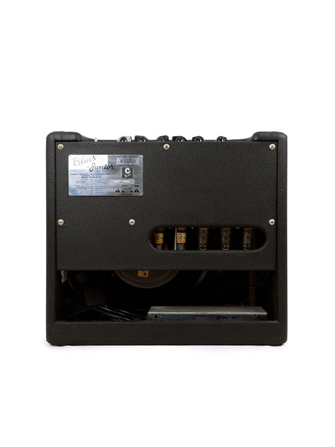 Rear view of a Blues Junior guitar amplifier showing tubes and electronics.