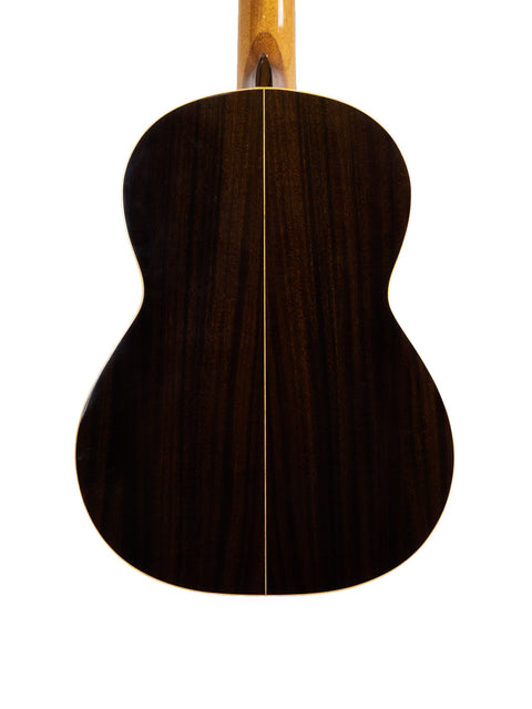 Rear view of a Vicente Sanchis Model 34 Classical guitar, featuring a beautifully crafted wooden back, Spain, 1979.