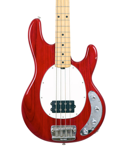 Red electric bass guitar, Music Man Stingray 4 H model from 2008, displayed on a white background for a bold visual impact.