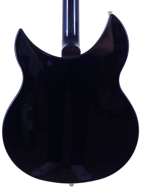 Rickenbacker 330 12-string guitar in black, showcasing a stylish black body and a striking white pickguard.