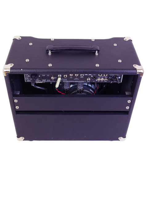 Rivera Clubster Royal Recording 55W amplifier in black, featuring a stylish metal cover on top for enhanced durability.