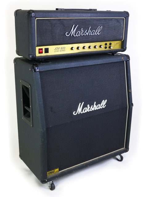 Showcase of Marshall amps, highlighting a 1983 JCM800 Head paired with a 1960A Lead Cabinet.