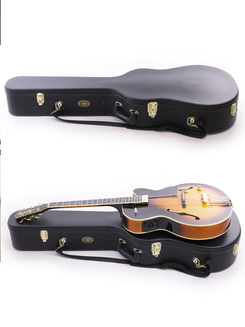 Side view of two black guitar cases, each containing a Yamaha AEX1500 from Japan, 2004, highlighting their matching design.