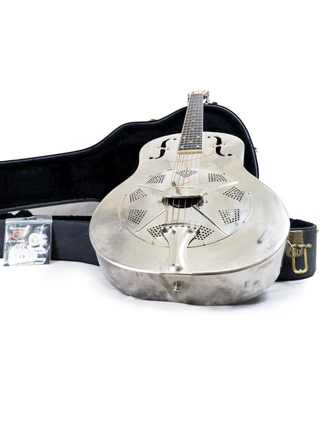Silver National Resophonic Style N Resonator guitar with a case, displayed on a bright white background.