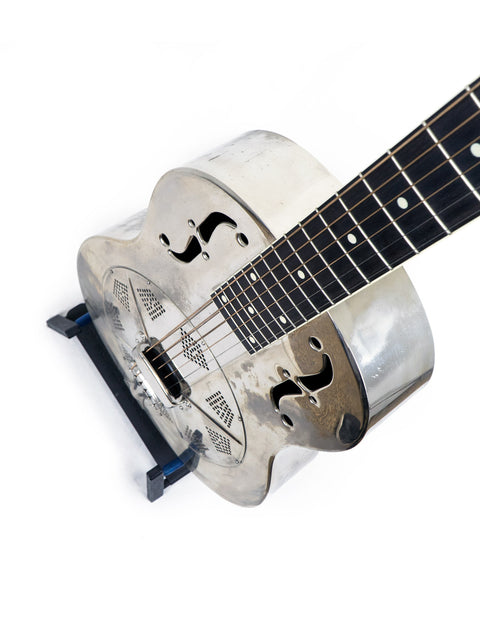  Silver guitar featuring a black pick guard, National Resophonic Style N Resonator, crafted in the USA, 2001.