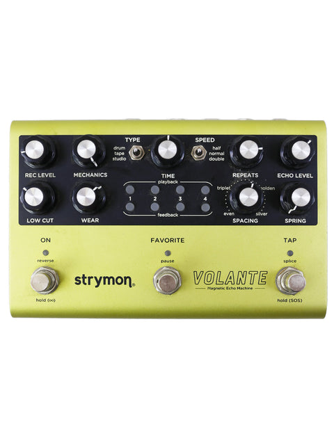 Strymon Volante Magnetic Echo Machine, featuring the Volca V2 model, emphasizing its unique design and American engineering.