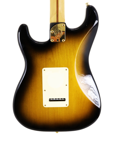 Sunburst electric guitar body with neck joint and back plate on a white background.