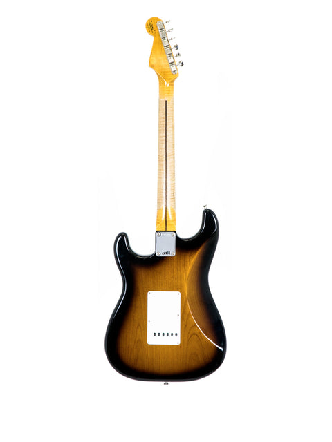 Sunburst electric guitar with maple neck isolated on a white background.
