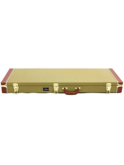Tan and red guitar case with gold accents, holding the Txxx Custom Style Partscaster in Matte Sunburst, made in 2021.