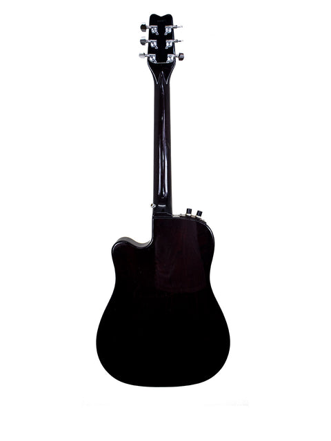 The 1984 Washburn Mirage Deluxe guitar, black and elegant, is displayed prominently on a bright white background.