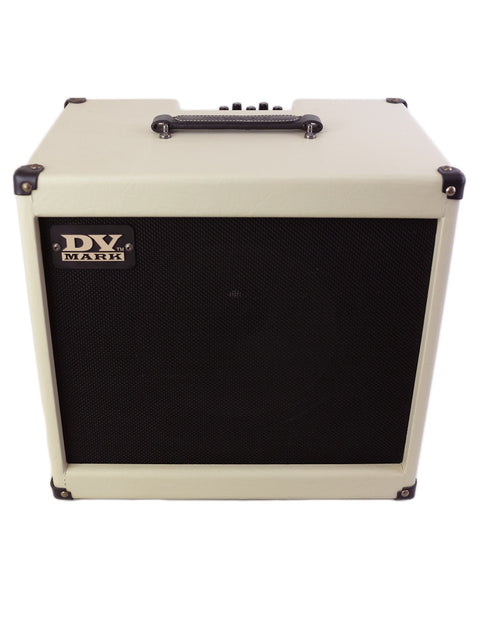 The DV Mark Jazz 12 Combo amplifier features a white body and a stylish black cover, perfect for jazz enthusiasts and musicians.