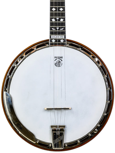 The Deering Golden Era Banjo, made in the USA in 2008, stands out against a simple white backdrop.