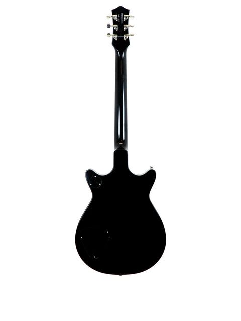 The Gretsch G6131 Malcolm Young Signature Jet guitar in black, displayed prominently on a white background.