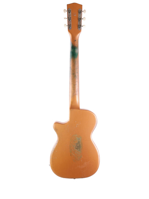 The Harmony H44 Stratotone from 1955 showcases a striking green and orange body, highlighting its vintage appeal.