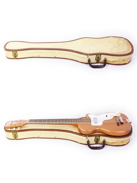 The Harmony H44 Stratotone guitar case, made in 1955, displays a beautifully crafted wooden body and neck.
