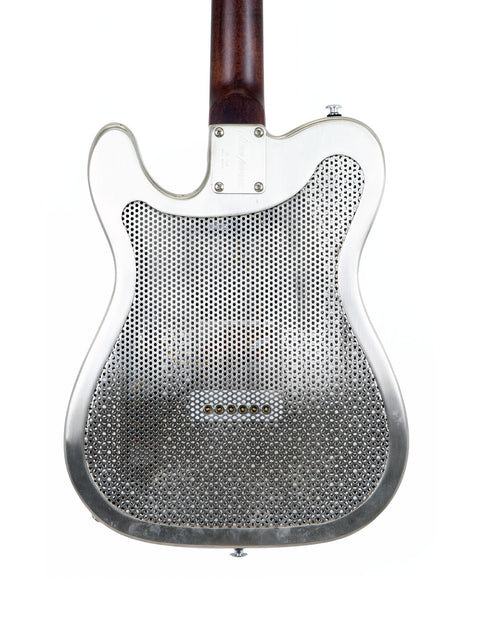 The James Trussart Holey Nickel Steelcaster guitar, adorned with a distinctive metal mesh cover, crafted in the USA, 2006.