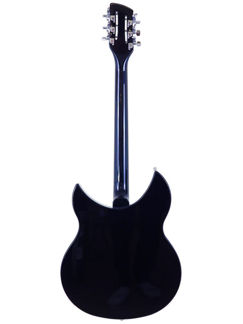 The Rickenbacker 330 12-string guitar in black, adorned with a white pickguard, exemplifying USA craftsmanship from 2020.