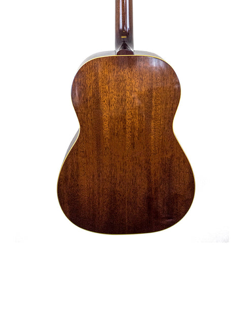 The back of a 1962 Gibson LG-3 acoustic guitar displayed against a white background, highlighting its vintage craftsmanship.