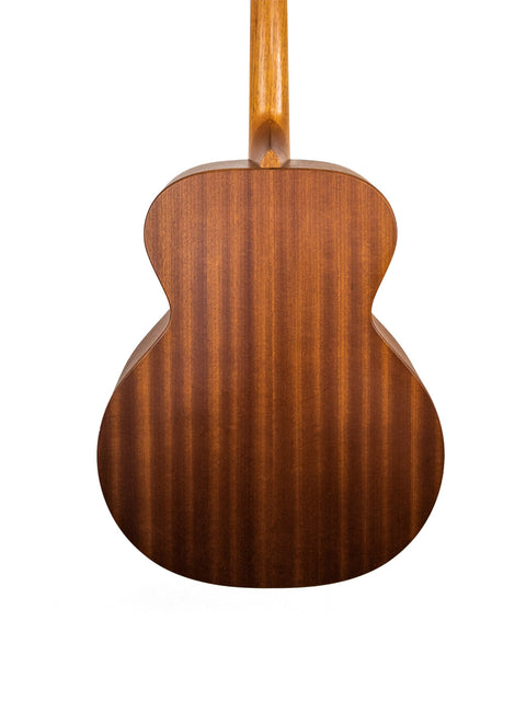 The back of a 2008 Furch S40-CM acoustic guitar, highlighting its rich wood texture and fine detailing.