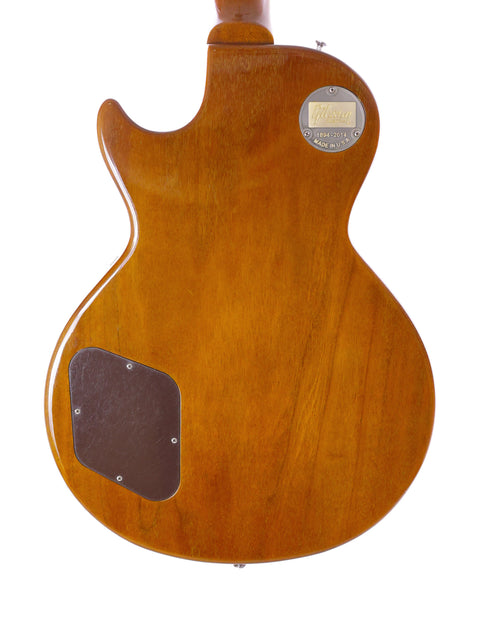 The back of a 2014 Gibson Custom Historic VOS LPR-6 1956 Reissue Gold Top guitar, highlighting its wooden craftsmanship.