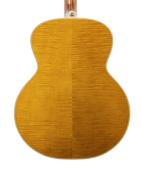  The back of a 2016 Epiphone Masterbilt De Luxe F-Hole Archtop acoustic guitar, highlighting its rich wood texture and craftsmanship.