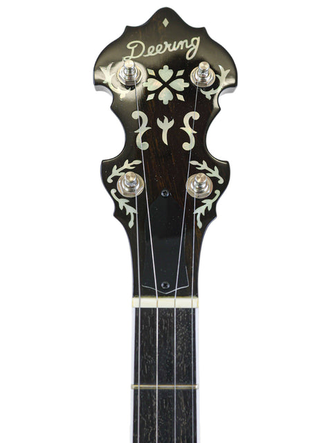The back view of a 2008 Deering Golden Era Banjo, showcasing an intricate floral design that adds charm and character